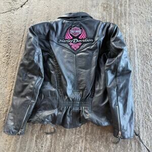 VINTAGE 90S HARLEY DAVIDSON LEATHER BIKER JACKET BOMBER PINK WOMENS MEDIUM